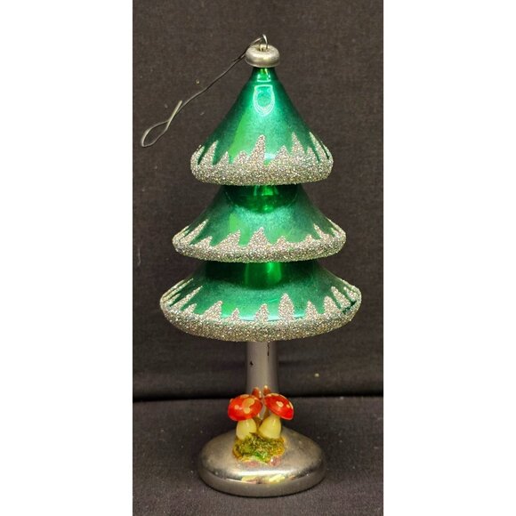 Vintage Retro De Carlini Emerald Tree Glass Christmas Ornament w Mushrooms Italy - Picture 1 of 8